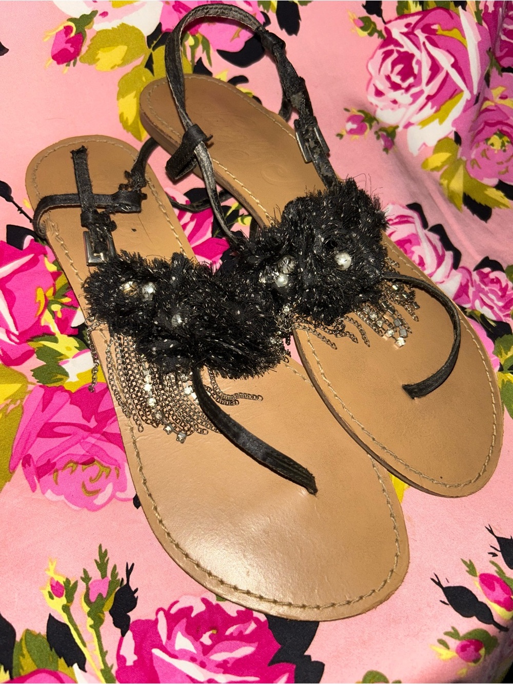 Naughty Monkey Black crystal thong sandals flip flops 90’s Y2K vintage shoes 9